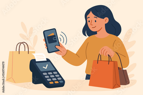 Mobile payment with wallet app technology, woman shopping using smartphone application, contactless digital money transfer, banking, e-commerce, POS terminal, modern retail concept