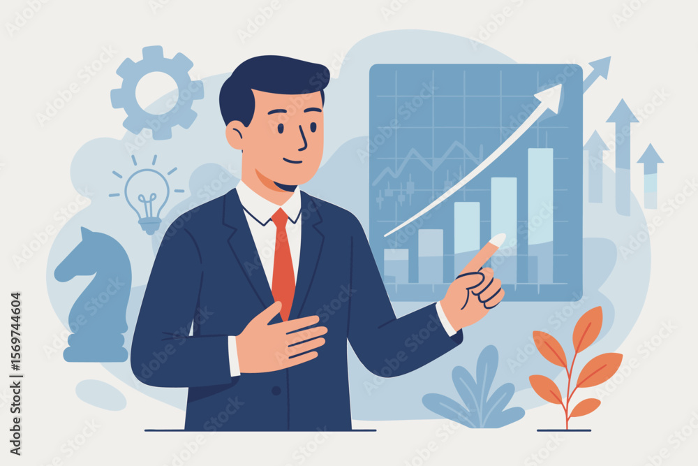 Business strategy planning, stock market analysis, investment growth, financial success, businessman presenting rising chart, profit increase, economic progress concept illustration Business strategy planning, stock market analysis, investment growth, financial success, businessman presenting rising chart, profit increase, economic progress concept illustration