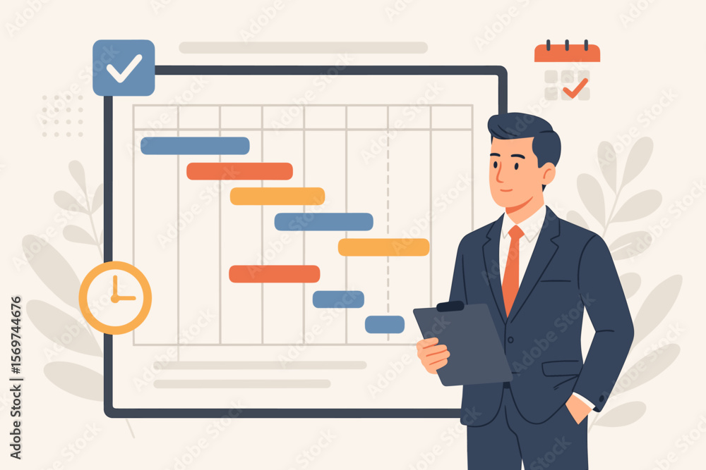 Business Project Manager Reviewing Gantt Chart Timeline, Resource Planning, Task Scheduling, Development Workflow, Deadline Management, Product Launch Strategy, Office Concept Business Project Manager Reviewing Gantt Chart Timeline, Resource Planning, Task Scheduling, Development Workflow, Deadline Management, Product Launch Strategy, Office Concept