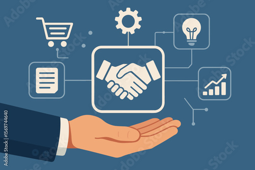 Digital procurement interface with handshake icon on businessman hand, symbolizing contract agreement, document workflow, smart business solutions, supply chain management