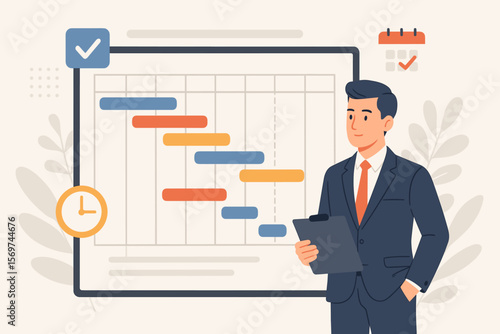 Business Project Manager Reviewing Gantt Chart Timeline, Resource Planning, Task Scheduling, Development Workflow, Deadline Management, Product Launch Strategy, Office Concept