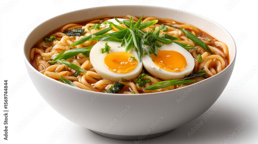 A bowl of ramen with soft-boiled eggs, green onions, and fresh herbs in a flavorful broth. A bowl of ramen with soft-boiled eggs, green onions, and fresh herbs in a flavorful broth.