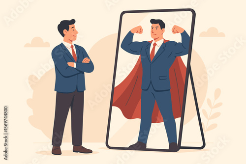 Businessman Self Confidence Motivation Concept. Ambition, Positive Attitude, Self Esteem, Success Mindset. Man Sees Strong Superhero Reflection in Mirror, Achieve Goals Illustration