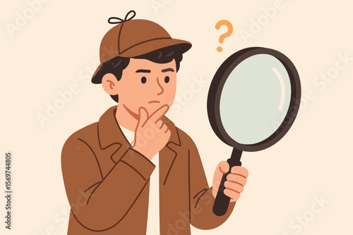 Detective character searching for clues, analyzing evidence, investigating mysteries, holding magnifying glass, curiosity, research, insight, problem solving, question mark concept