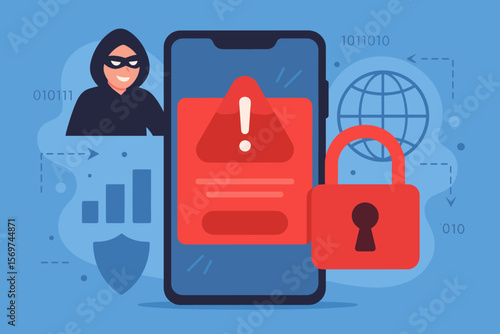 Cybersecurity warning alert on smartphone screen, hacker threat, data breach, digital danger, online security risk, network protection, internet fraud, system lock