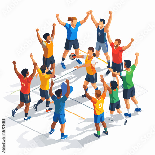 Group of Athletes in Colorful Uniforms Celebrating Victory with Arms Raised in a Circular Formation on White Backdrop