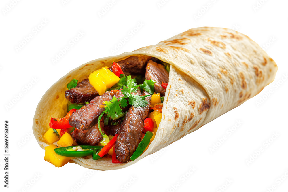 Delicious steak burrito filled with mango and peppers on a PNG background, steak, burrito, beef, wrap, tortilla, meat, filling, mango, pepper, red pepper, green pepper, jalapeno, cilantro, spicy, co Delicious steak burrito filled with mango and peppers on a PNG background, steak, burrito, beef, wrap, tortilla, meat, filling, mango, pepper, red pepper, green pepper, jalapeno, cilantro, spicy, co