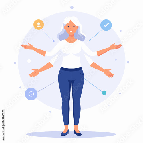 Illustration of Smiling Silver Haired Woman with Multiple Arms Multitasking Over White and Light Blue Circular Background