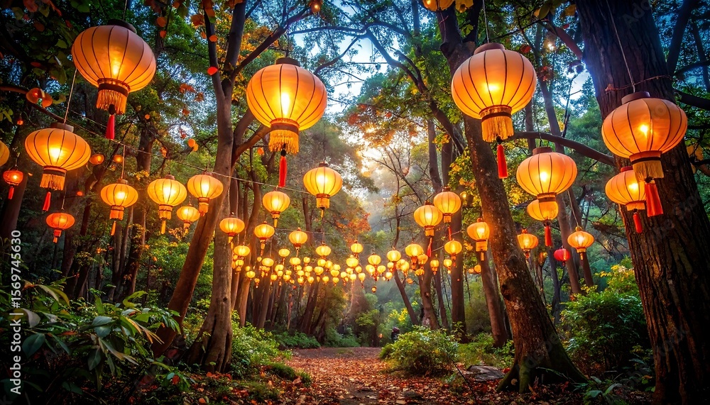 Glowing Traditional Lanterns Illuminate a Magical Forest Path at Evening Glowing Traditional Lanterns Illuminate a Magical Forest Path at Evening