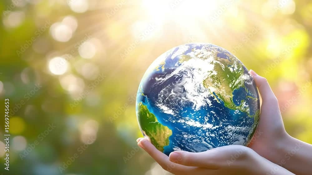 Gentle hands cradle a vibrant miniature Earth under warm, natural sunlight. Gentle hands cradle a vibrant miniature Earth under warm, natural sunlight.
