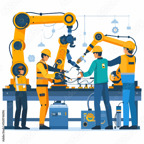 Manufacturing Plant with Automated Robot Arms and Engineers in Safety Gear Collaborative Industrial Technology Vector Illustration