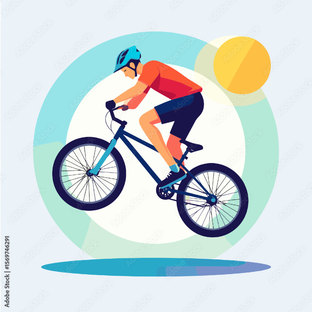 Obraz premium Person Riding Mountain Bicycle with Blue Helmet and Orange Jersey in Graphic Illustration with Mountain Landscape
