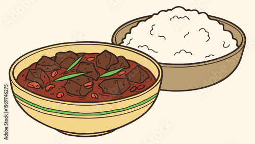 vector drawing of indonesian rendang and rice