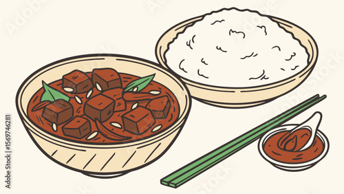 vector drawing of indonesian rendang and rice