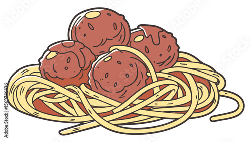vector drawing of metballs with sauce on spaghetti