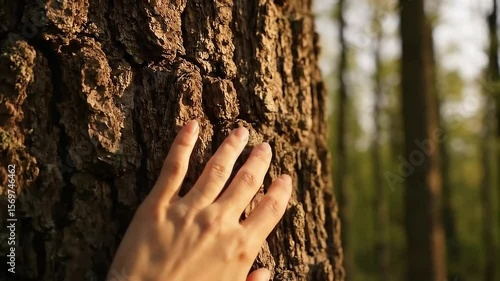 4K Close-Up of Hand Touching Tree Trunk in Forest – Nature Connection and Mindful Moment

