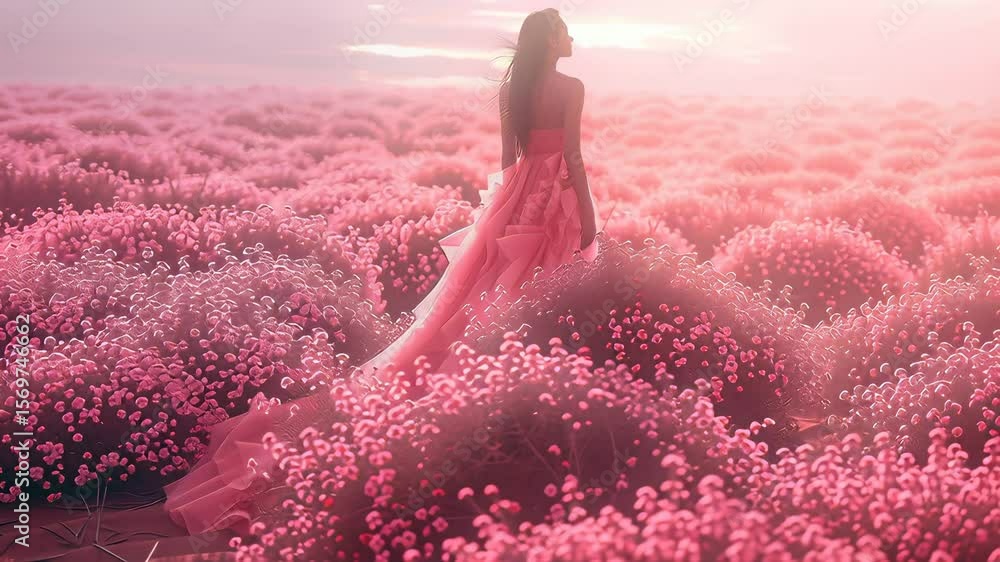 Vidéo Stock A woman in a pink dress is walking through a field of pink ...
