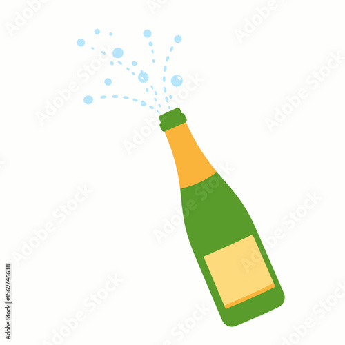 Popping Green Champagne Bottle with Golden Label and Sparkling Bubbles for Celebratory Occasions Vector Illustration