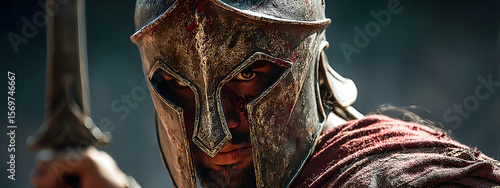 Armed spartan warrior standing in battlefield, historic strength impression   -