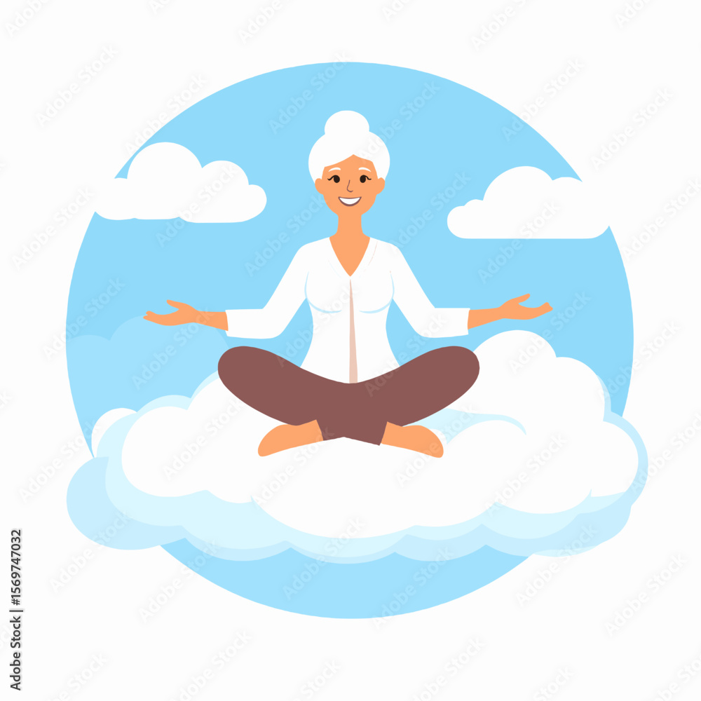 Relaxing Senior Woman Meditating on White Cloud in Tranquil Sky Scene with Arms Open for Peace and Balance Relaxing Senior Woman Meditating on White Cloud in Tranquil Sky Scene with Arms Open for Peace and Balance