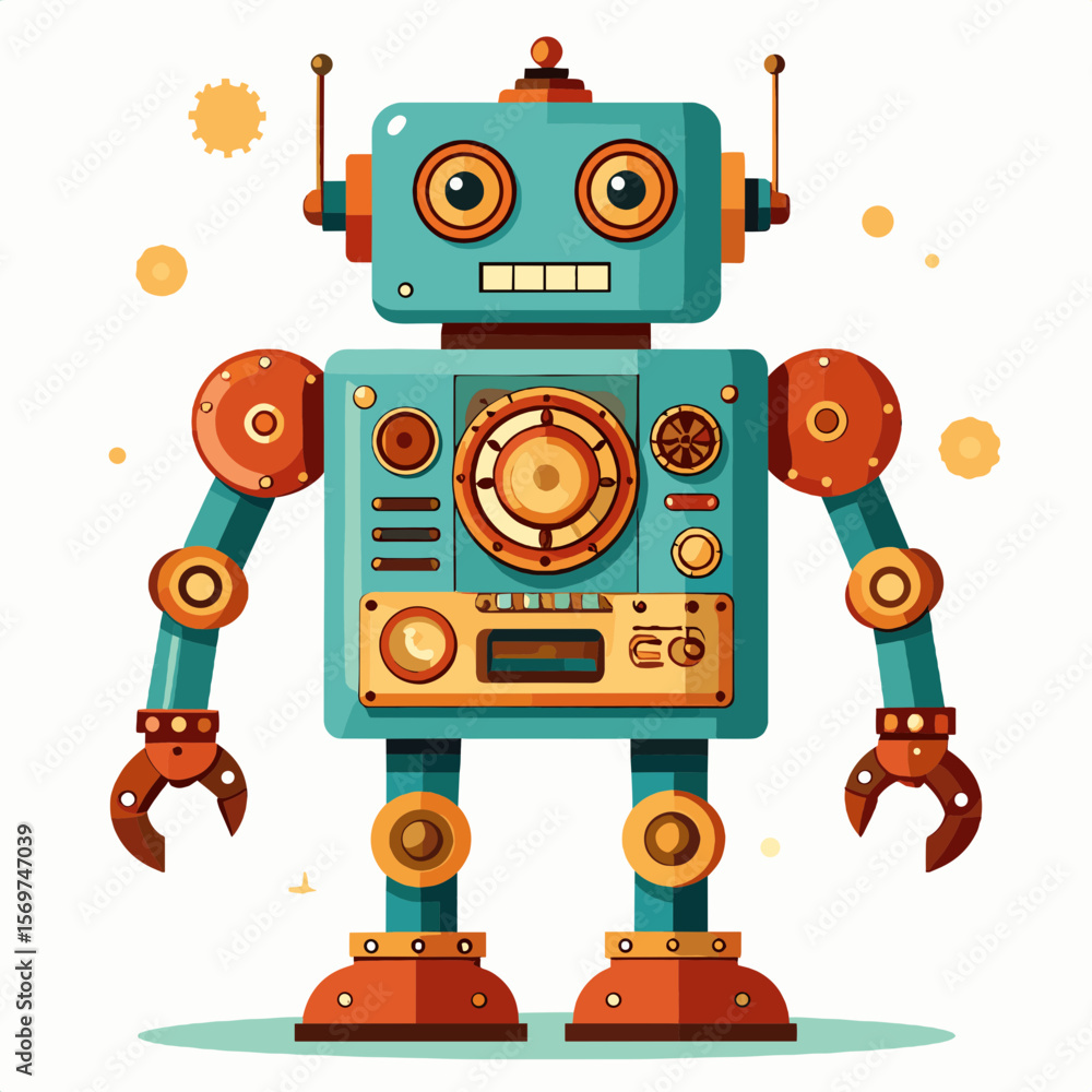 Fototapeta premium Retro Style Robot Illustration Featuring Teal and Orange Color Palette on White Background