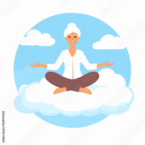 Relaxing Senior Woman Meditating on White Cloud in Tranquil Sky Scene with Arms Open for Peace and Balance