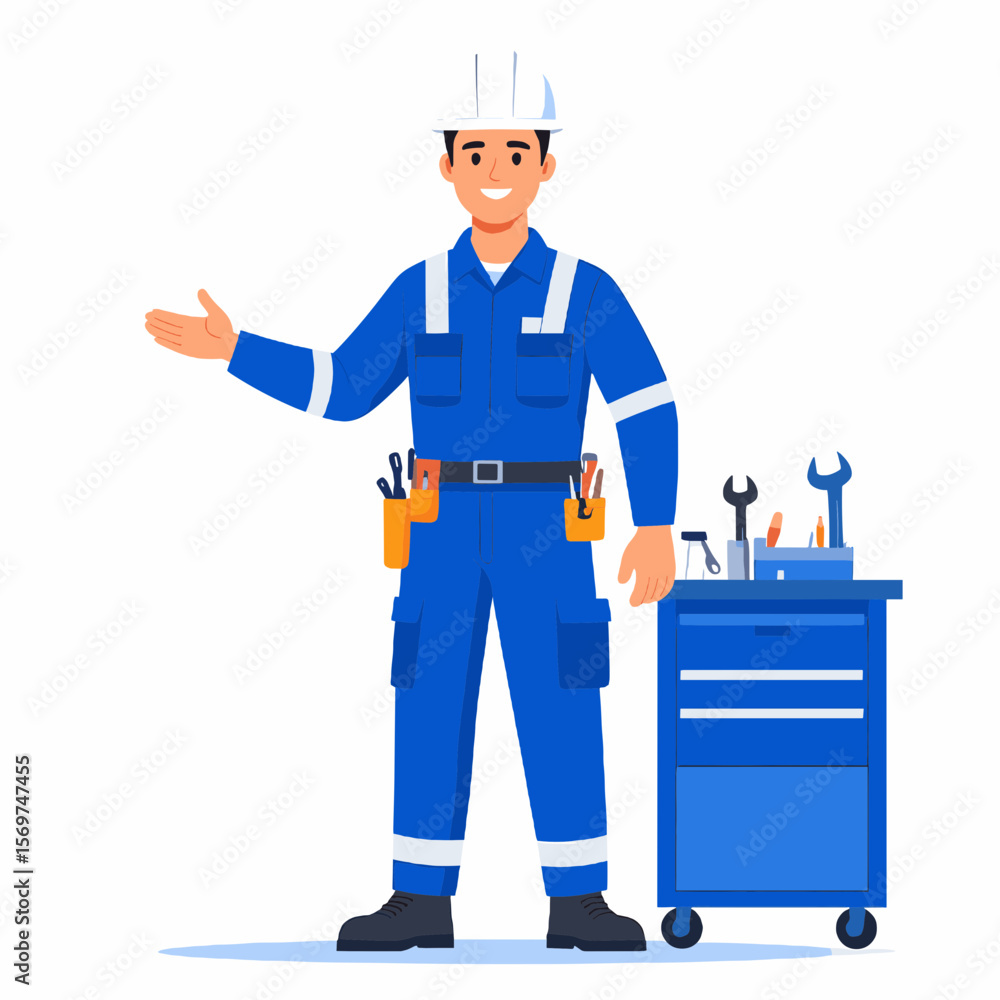 Smiling Engineer Wearing Blue Overalls Stands Next to Blue Toolbox with White Background Smiling Engineer Wearing Blue Overalls Stands Next to Blue Toolbox with White Background