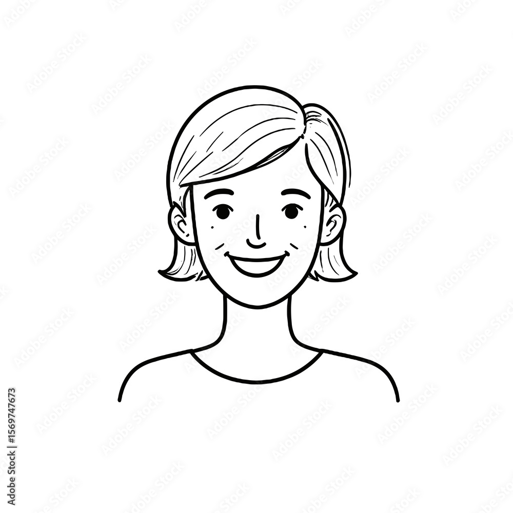 Smiling Woman Portrait Illustration with Black and White Outline on a White Background Smiling Woman Portrait Illustration with Black and White Outline on a White Background