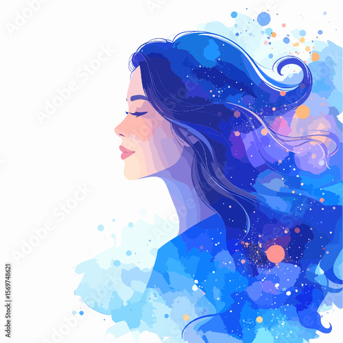 Watercolor Portrait of a Young Woman with Flowing Blue Hair in Abstract Style on White Background