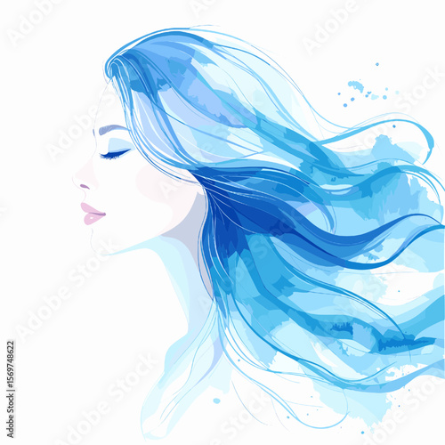 Watercolor Portrait of a Serene Woman with Flowing Blue Hair in an Abstract Artistic Style on White Background