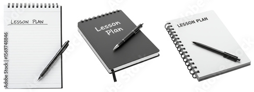 Set of lesson plan notebooks with pen on transparent background  