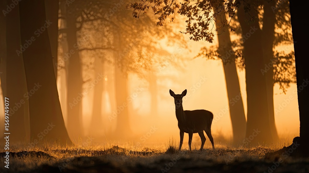 Silhouette of deer in golden sunrise forest Silhouette of deer in golden sunrise forest