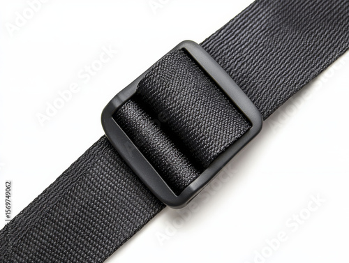 Black adjustable strap with plastic buckle close up white background showing texture and detail