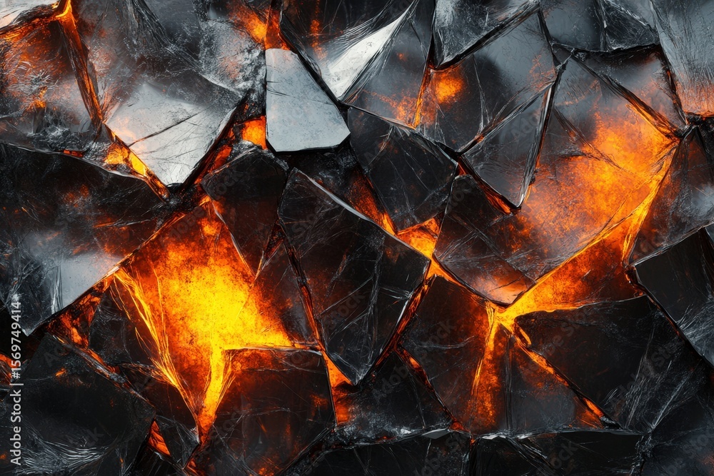 Fototapeta premium Molten glow shines through fractured glass pieces
