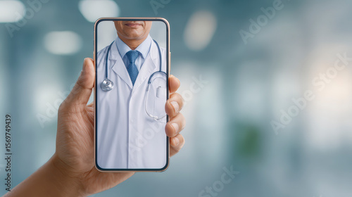 Hand holding smartphone displaying friendly doctor in lab coat with stethoscope, symbolizing telemedicine and healthcare accessibility.