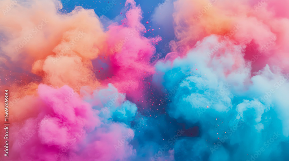Fototapeta premium A vibrant burst of colorful powder in shades of pink, orange, and blue, creating an abstract and energetic cloud explosion, suitable for digital art or event promotion.