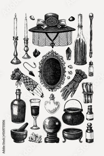 Boho witchcraft poster design template. Vintage Halloween background. Witch sketches. Hand-drawn vector illustration for print. Victorian fashion wall art.  NOT AI generated