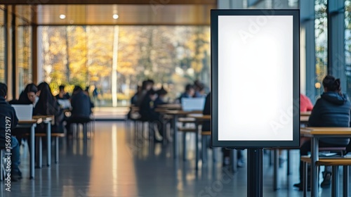 Blank vertical digital sign in modern public space with people studying in background