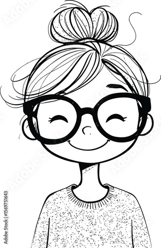 Joyful Wisdom — Cartoon Portrait of Smiling Character with Bun Hairstyle, Round Glasses, and Cozy Sweater