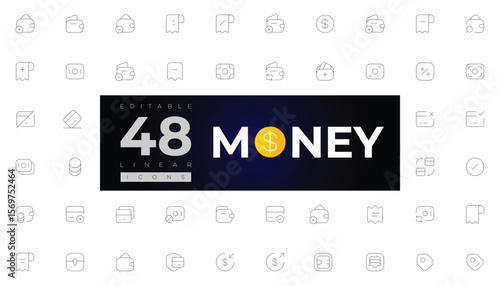 A modern set of 48 editable linear money icons with a clean, minimal style, ideal for fintech, banking, and business designs.