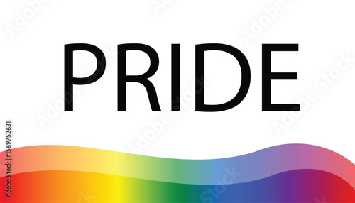 Word PRIDE in bold black uppercase text on a white background, with a wavy horizontal band of rainbow colors (red, orange, yellow, green, blue, and violet) beneath it, symbolizing 