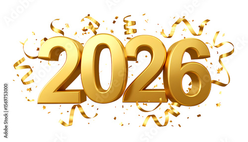 Golden 2026 with Glittering Confetti and Ribbon Streamers, Happy New Year Theme, Transparent Background