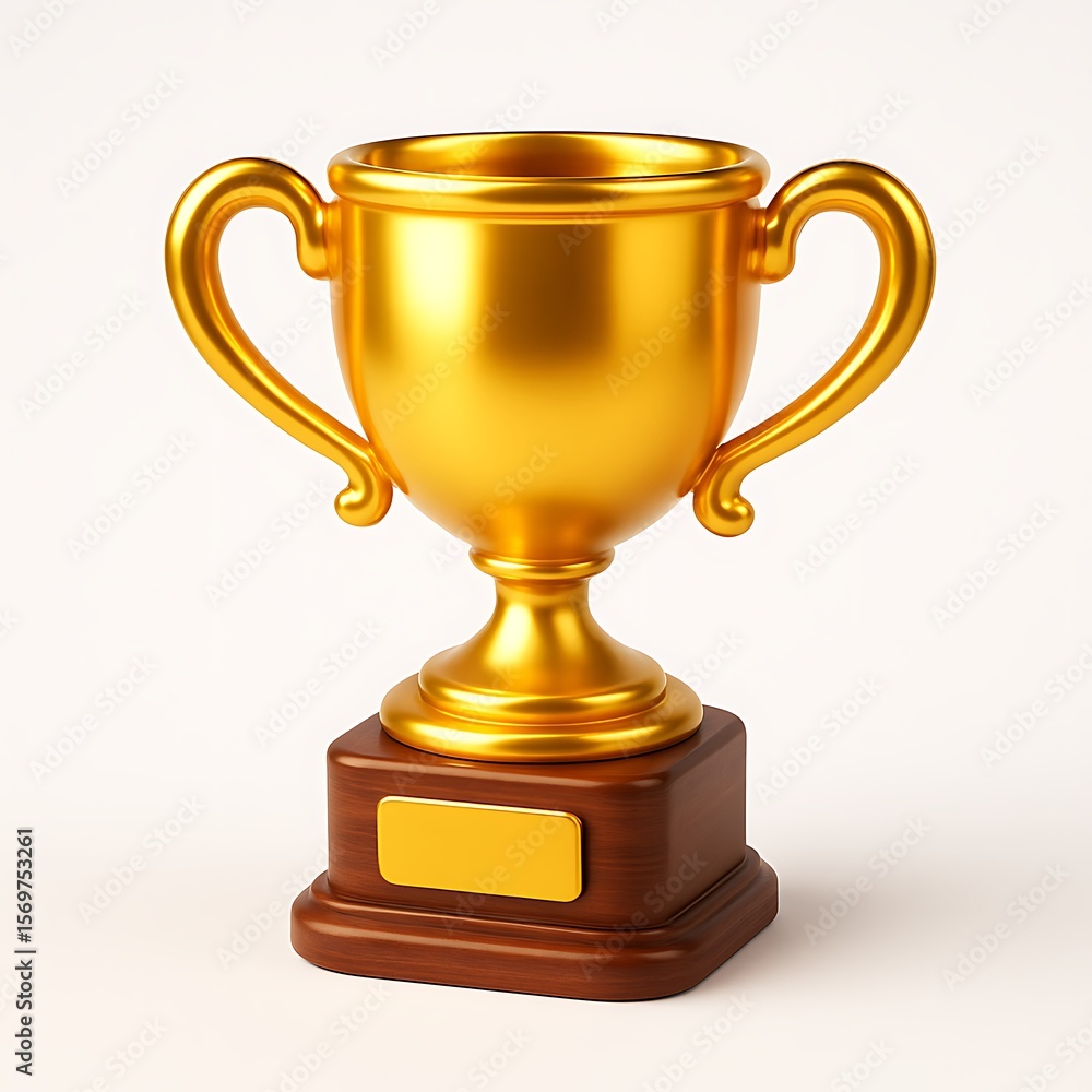 Shiny golden trophy cup with wooden base and blank gold plate isolated on white background Shiny golden trophy cup with wooden base and blank gold plate isolated on white background