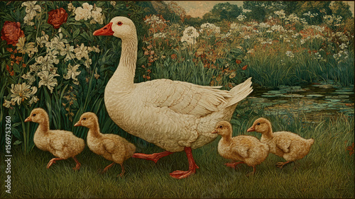 Mother goose with ducklings following behind English countryside meadow pond vintage natural lighting, soft neutral colors