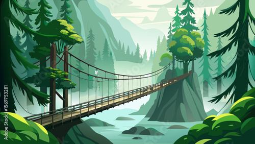 Capilano Suspension Bridge Park, British Columbia – A hanging bridge floats among towering cedar trees, cloaked in greenish-gray mist, evoking adventure and pristine nature.