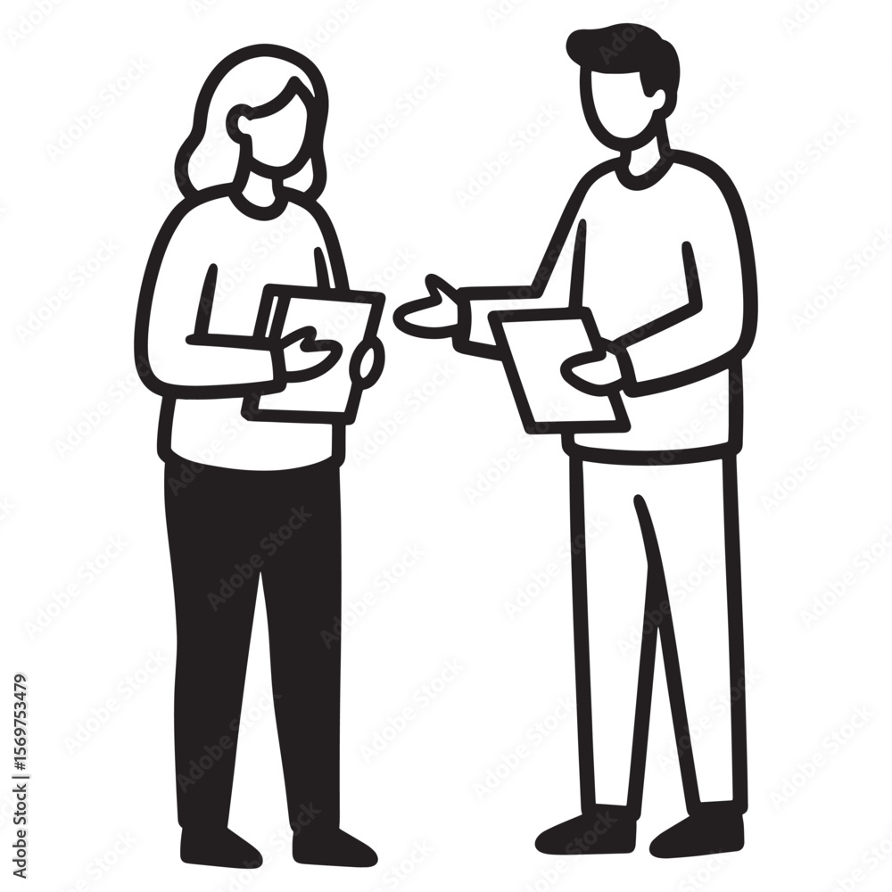 Business colleagues discussing documents during a meeting in a simple black and white illustration Business colleagues discussing documents during a meeting in a simple black and white illustration