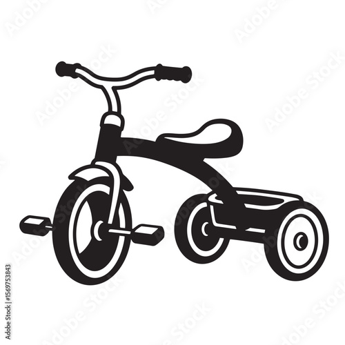 Classic black and white illustration of a child's tricycle isolated on white background