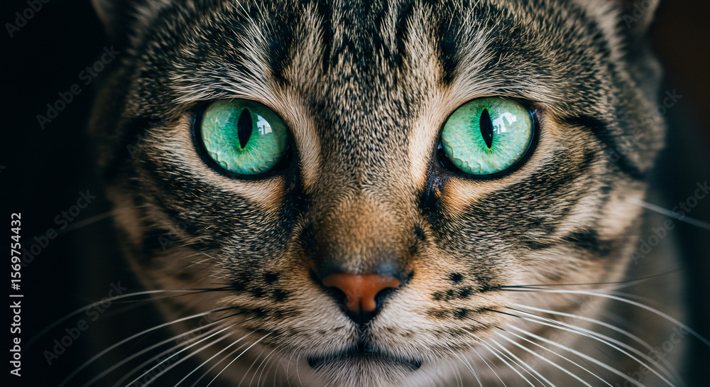 Intense close up portrait of a domestic tabby cat with vibrant green eyes looking directly at the camera against a dark background Intense close up portrait of a domestic tabby cat with vibrant green eyes looking directly at the camera against a dark background