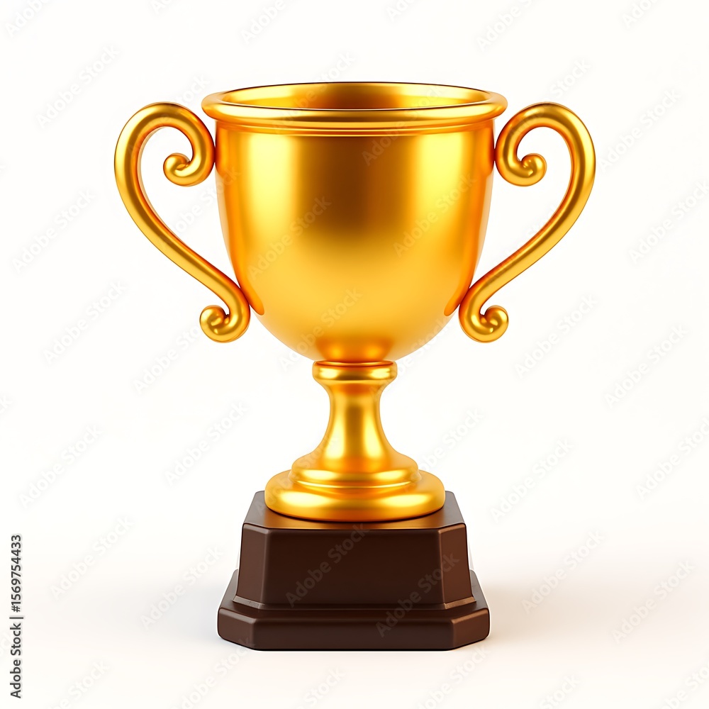 Shiny golden trophy with ornate handles on a dark base isolated on white background Shiny golden trophy with ornate handles on a dark base isolated on white background