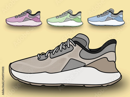 Footwear Set Vector. Stylish Shoes. For Man And Woman. Different Seasons. Design Element. Flat Cartoon Isolated Illustration, Cartoon athletic sneakers. Sport shoe pair group, fitness footwear